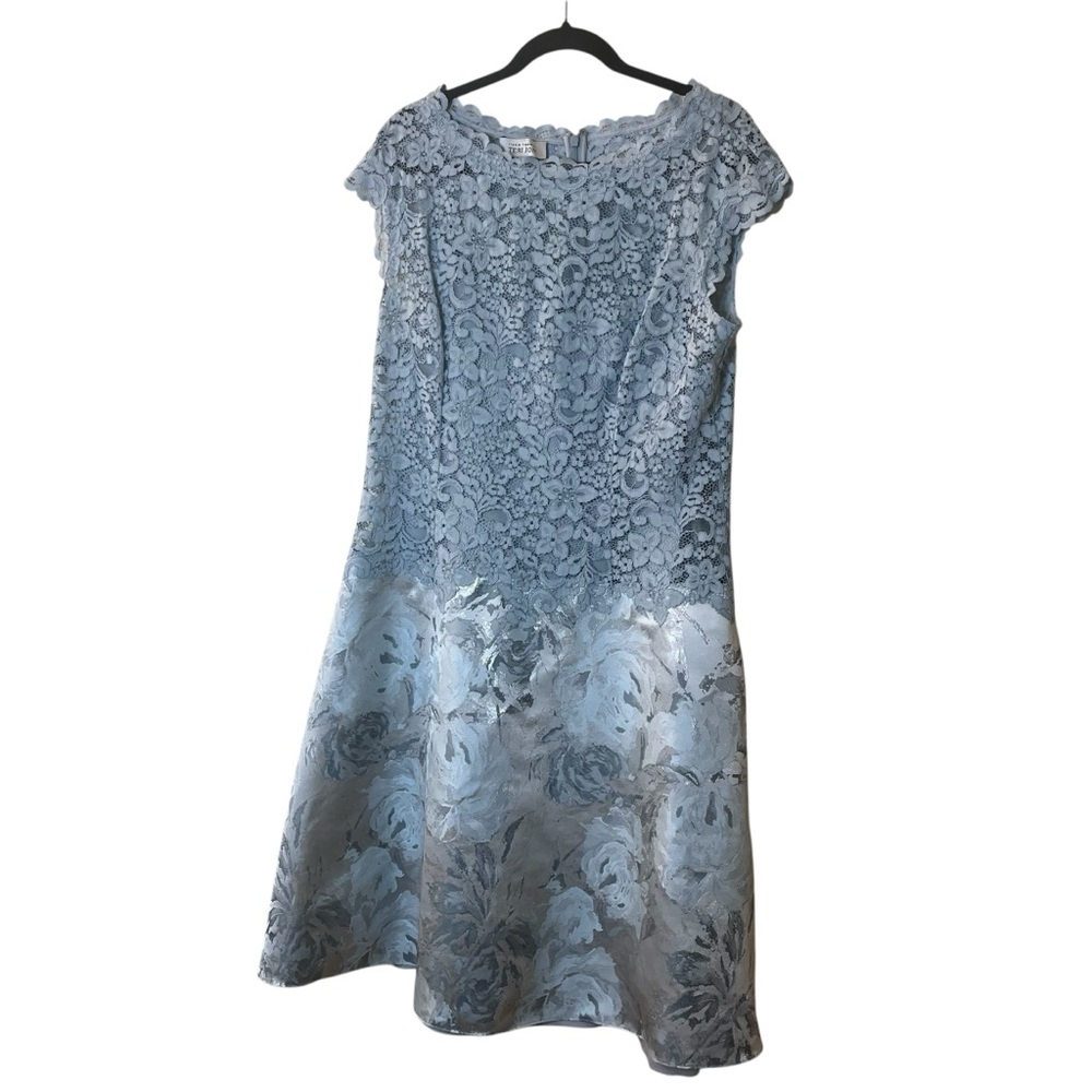 Teri Jon Blue Lace & Floral Jacquard Midi Dress Sz 14